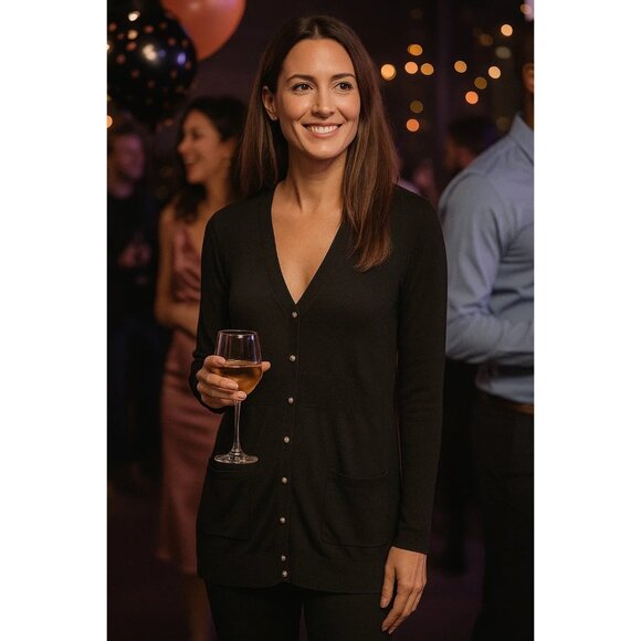 White House Black Market size XL NEW Black Cardigan Sweater Silver Snap front - Picture 1 of 9